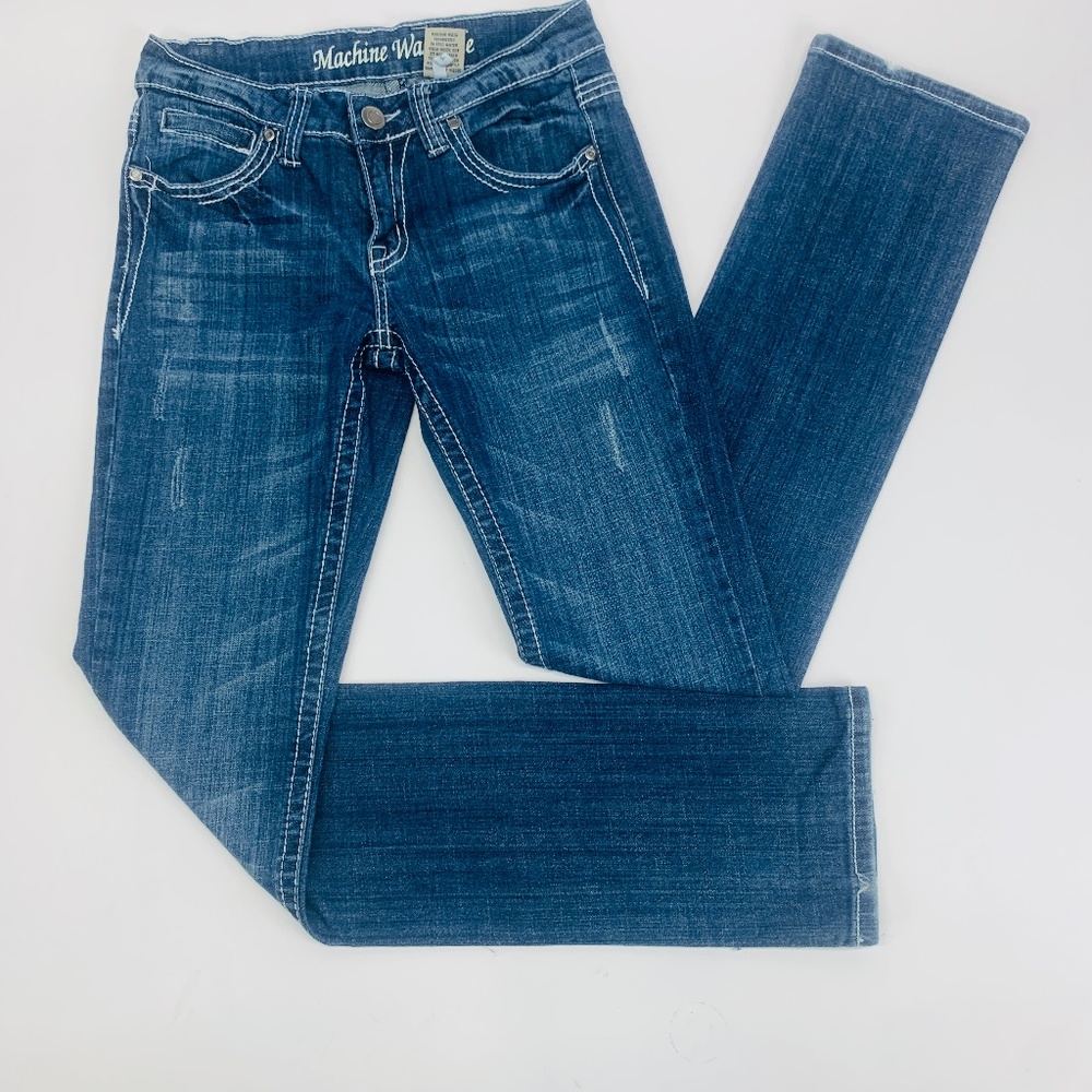 Machine Washable Womens Jeans 29 Blue Straight Stretch Med Wash Distressed